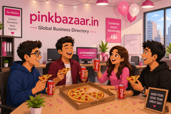 The PinkBazaar team celebrating with pizza and cola in the office