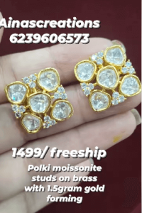 Polki Moissonite stud on brass with gold plating