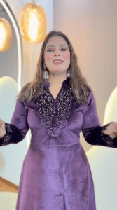 Royal Purple Velvet Embroidered Long Kurti